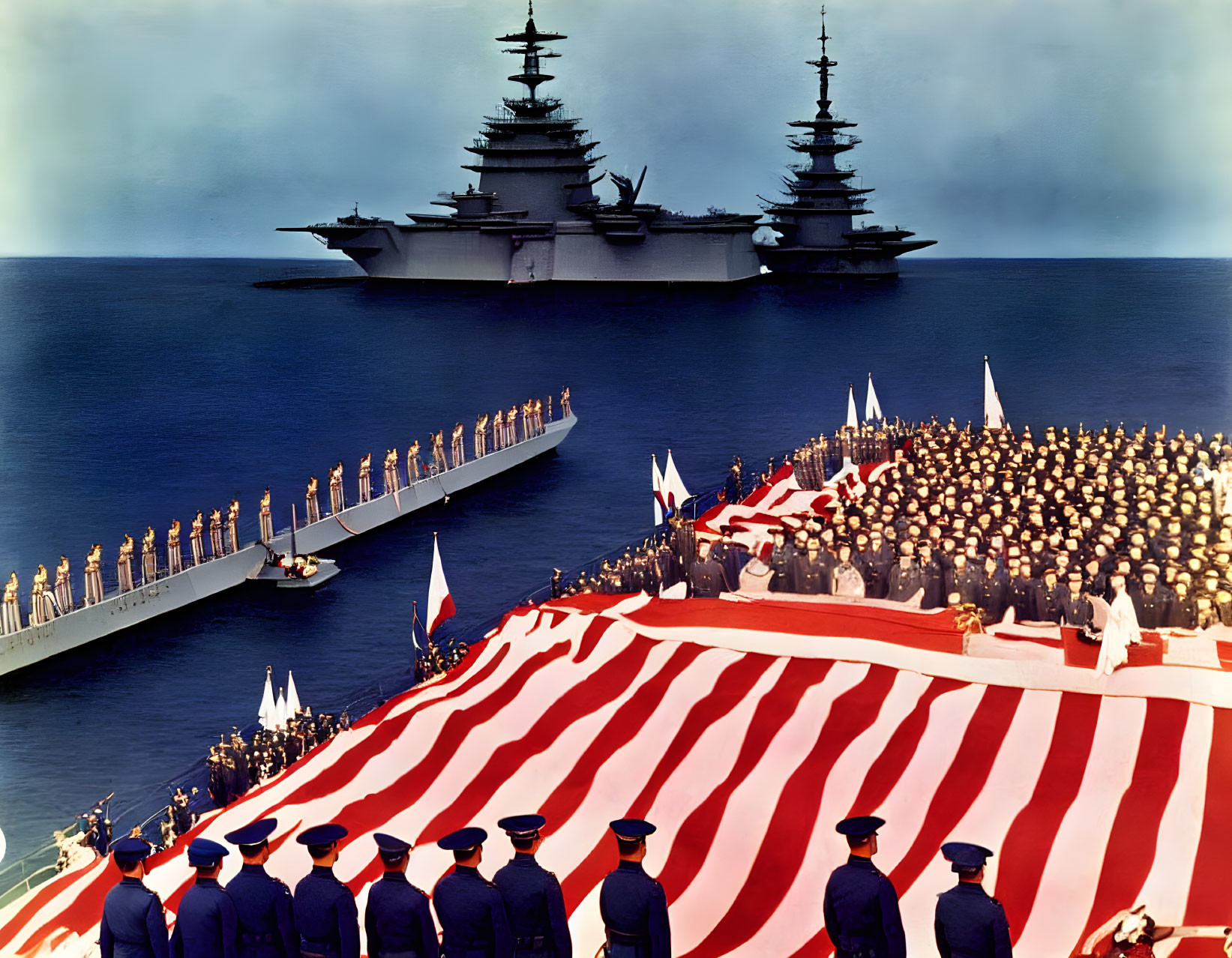 Military personnel in uniform on ship deck with American flag and battleships in background.