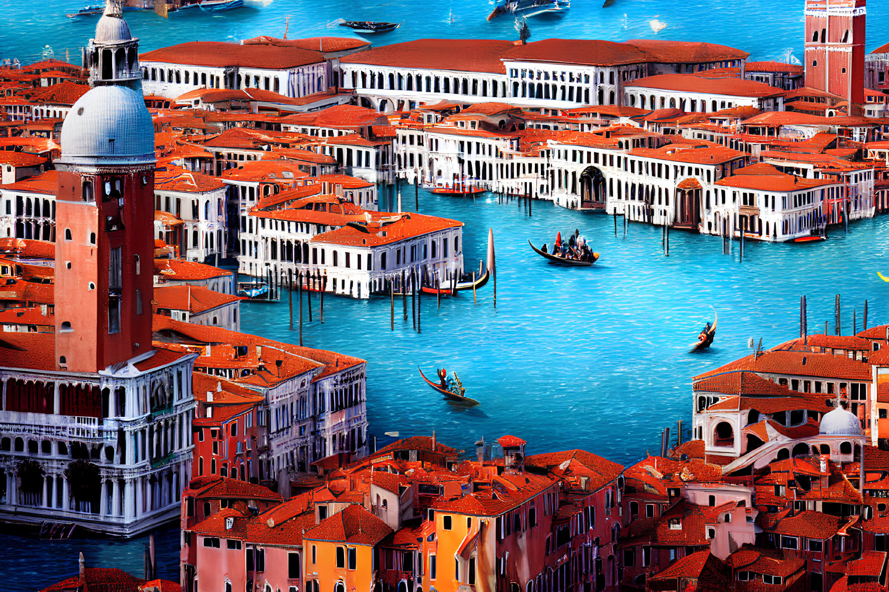 Venice Aerial View: Vibrant Terracotta Roofs, Grand Canal with Gondolas