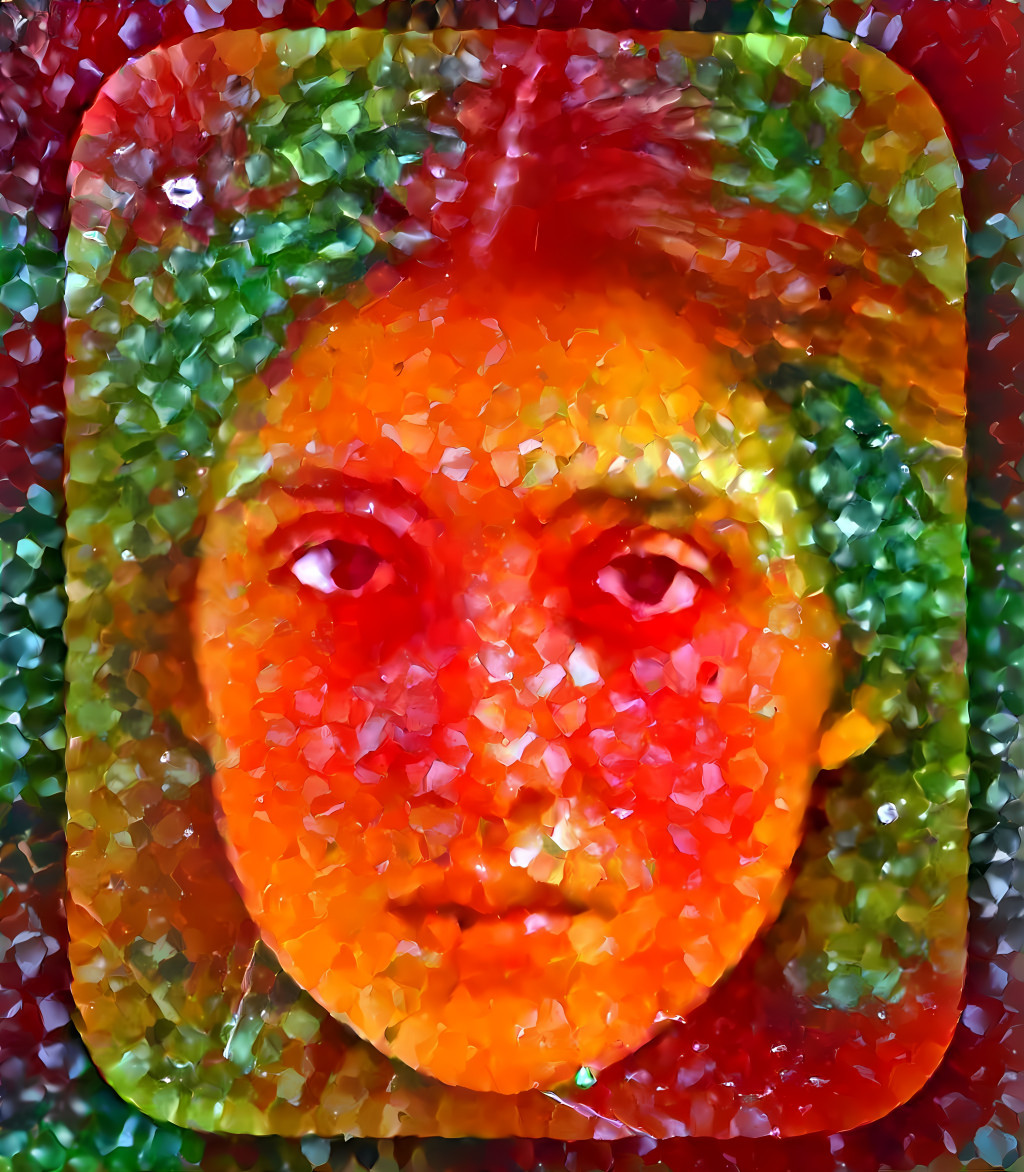 A woman's face inside a colorful geode stone.