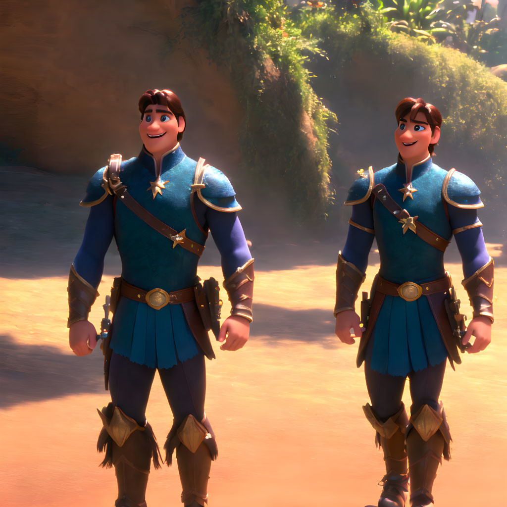 Two male animated characters in blue tunics and armor, standing in sunny setting