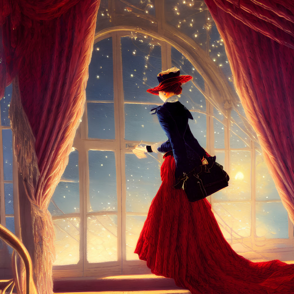 Woman in red dress at ornate window with letter and stars.