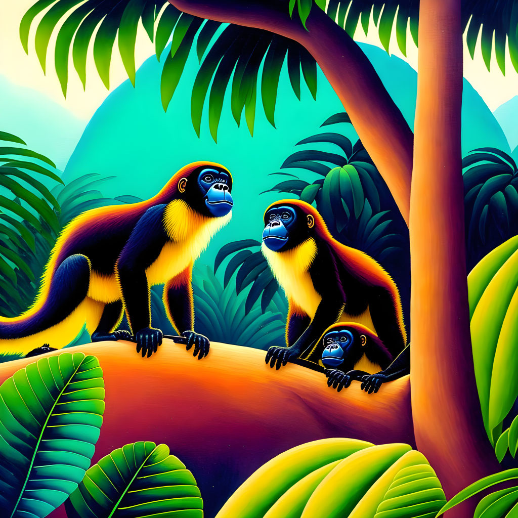 Colorful Jungle Scene: Three Monkeys with Blue Faces