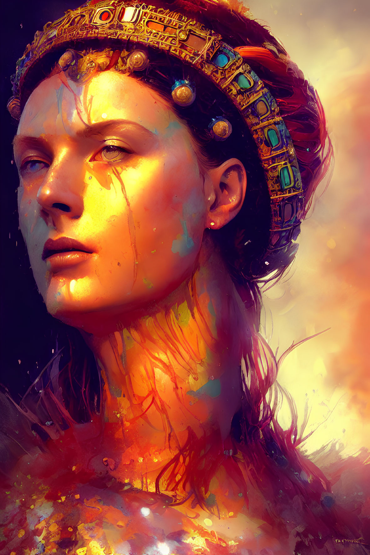 Digital painting of woman with jeweled headband in warm sunlight