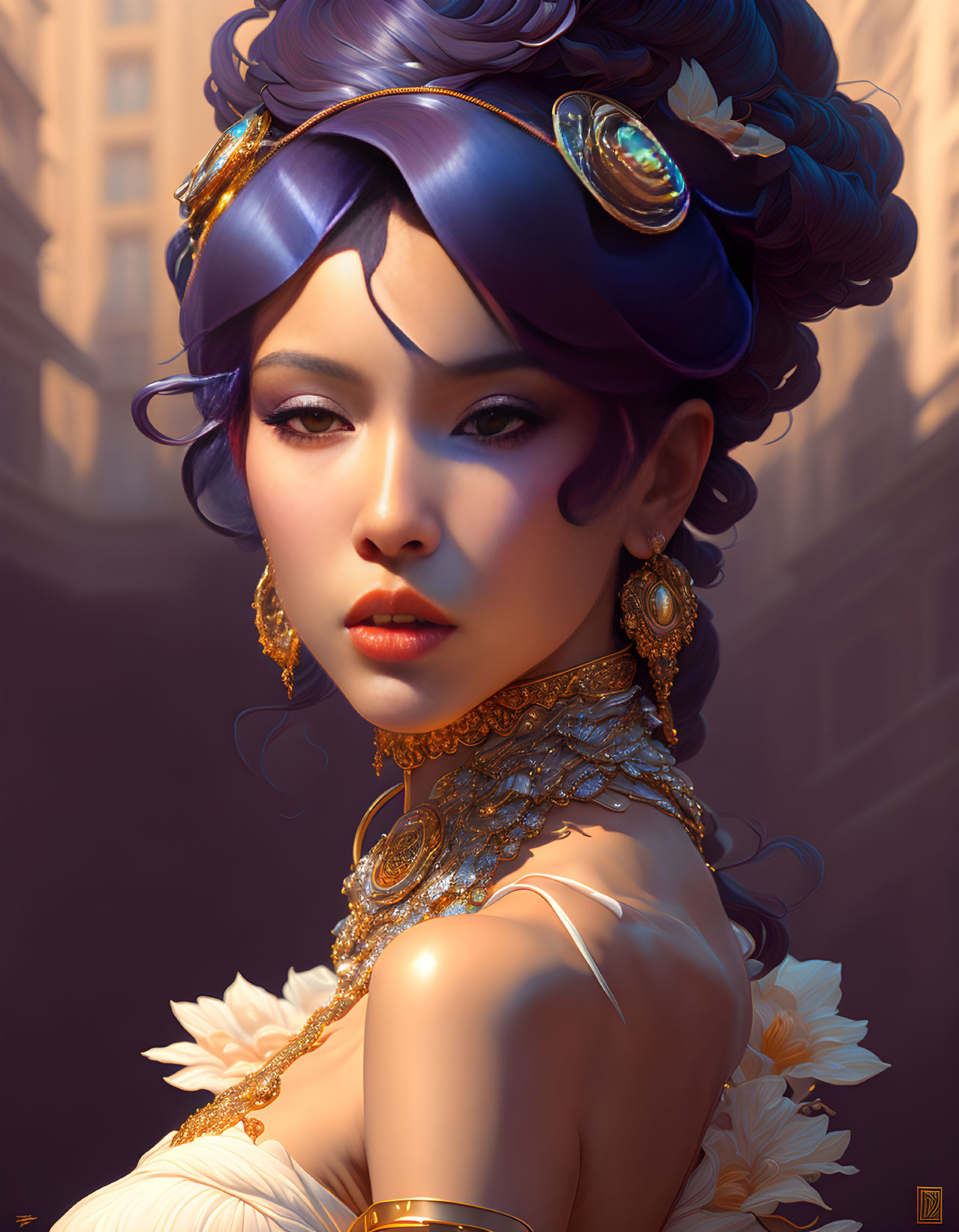 Digital portrait of a woman in fantasy attire with intricate gold jewelry and elegant headpiece