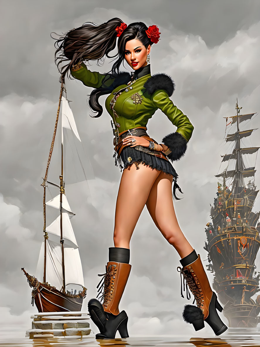 Stylized female character in green pirate attire with ship backdrop