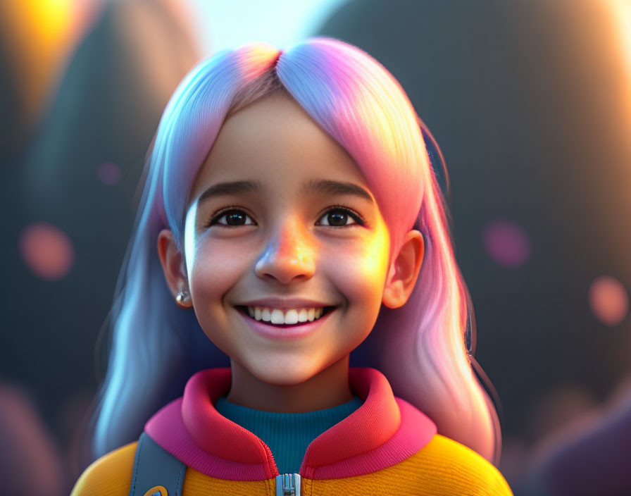 Smiling young girl with pastel hair in colorful jacket on blurred background