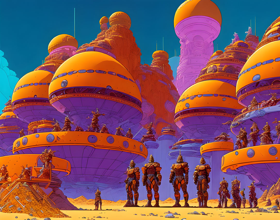 Futuristic cityscape with orange spherical structures and towering spires under blue sky, showcasing individuals in