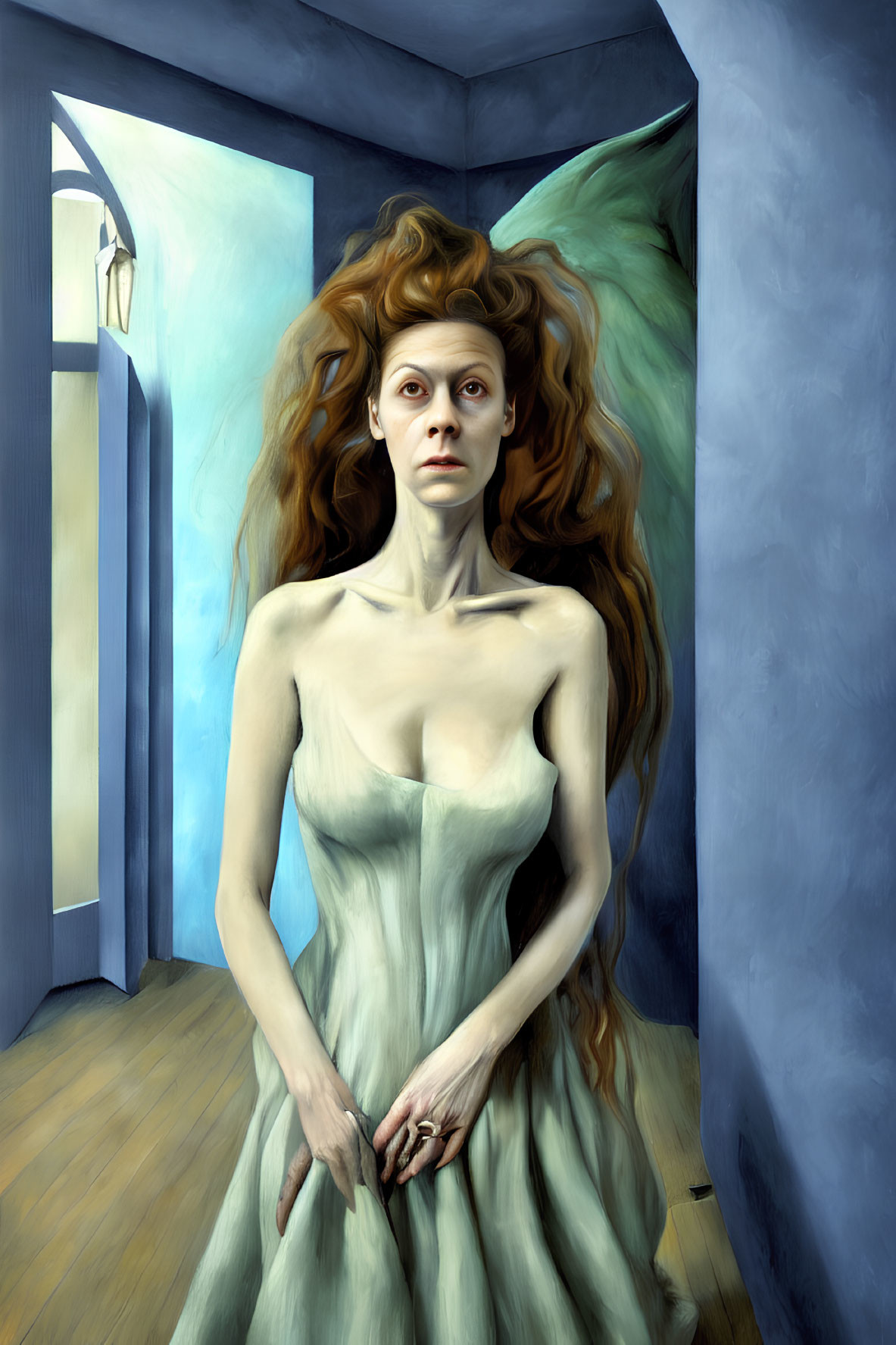 Surreal portrait of woman with red hair, green wings, in blue corridor