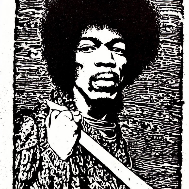 Monochrome graphic of man with afro hairstyle and patterned shirt