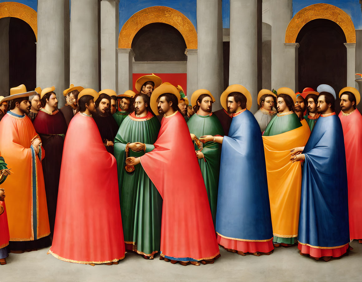 Renaissance painting of robed figures with halos in a courtyard