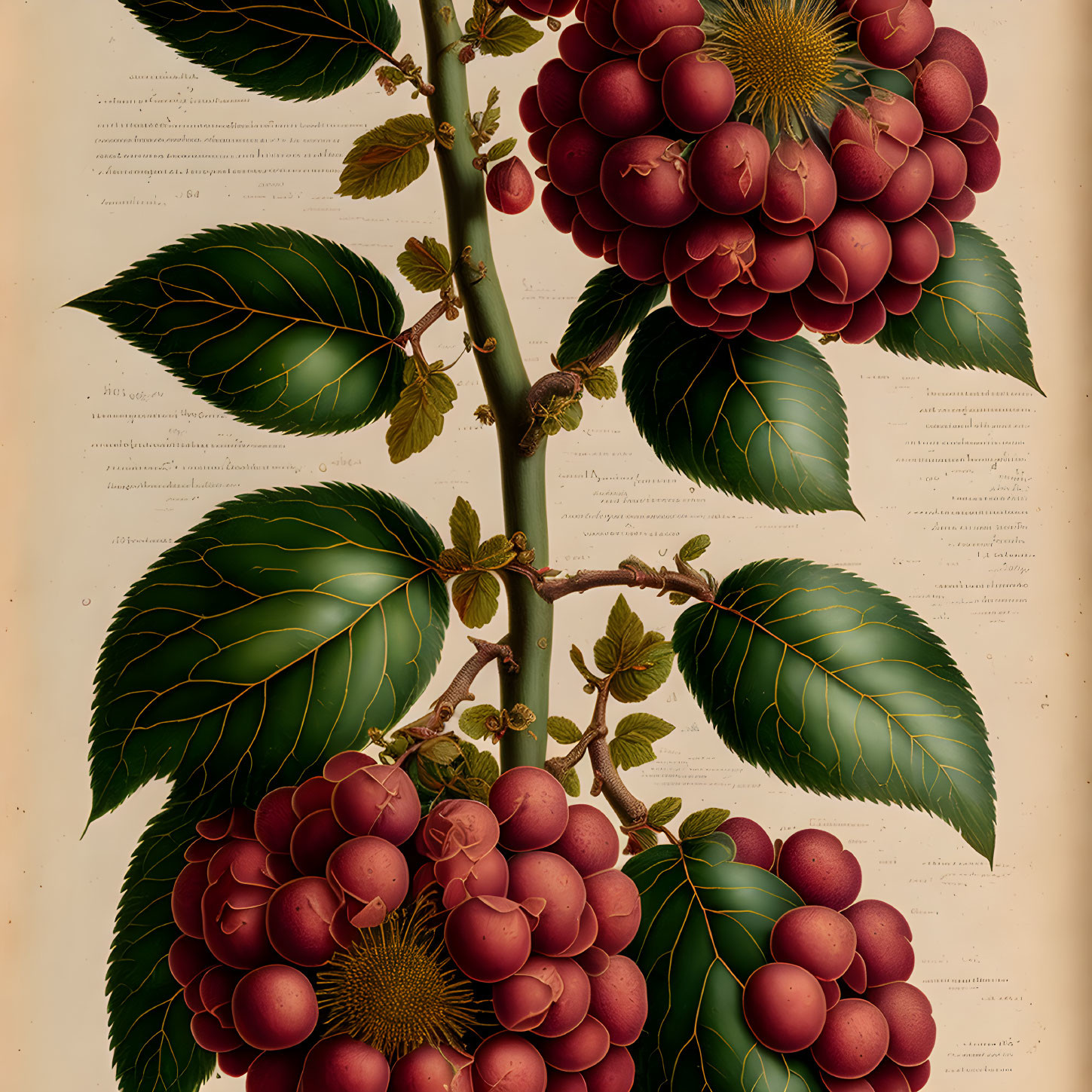 Detailed Vintage Botanical Illustration with Red Berries and Green Leaves