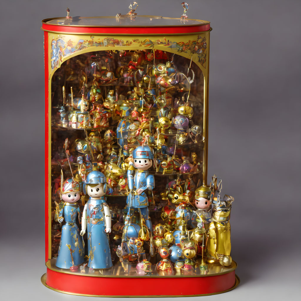 Ornate golden and blue figurines in clear cylindrical case with red and gold accents