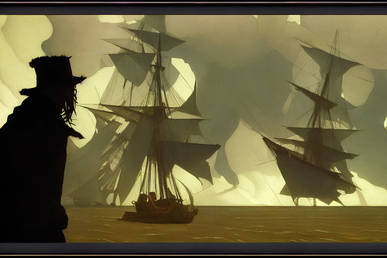 Silhouette of person in hat watching tall ships on golden sea with abstract shapes