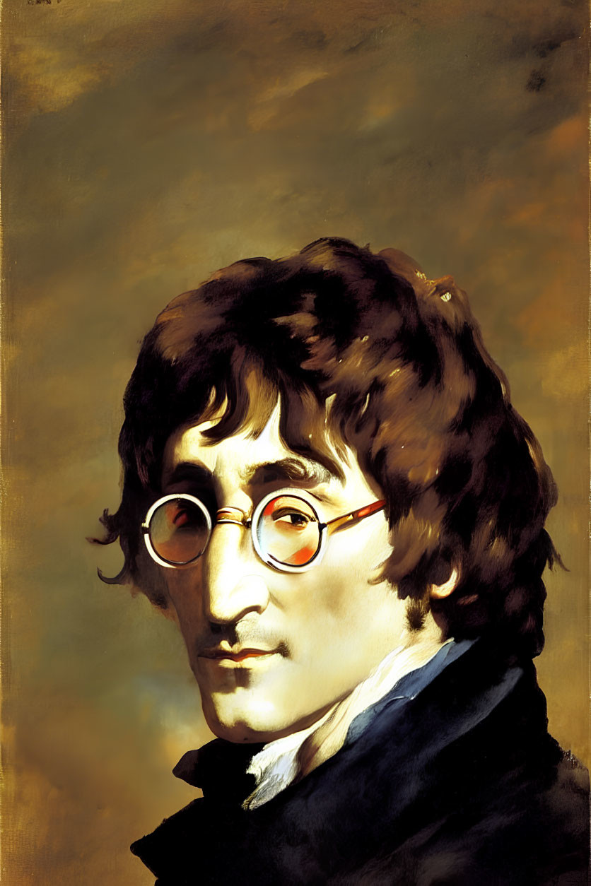 Man with Curly Brown Hair in Round Glasses and Black Coat on Yellow-Brown Gradient Background