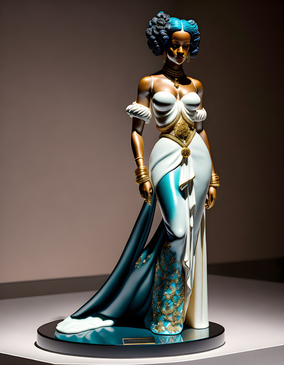 Blue-skinned woman figurine in gold and white dress on pedestal