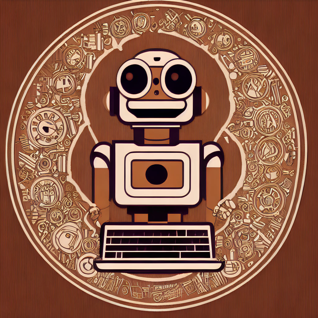 Vintage robot illustration on brown background with intricate mechanical patterns