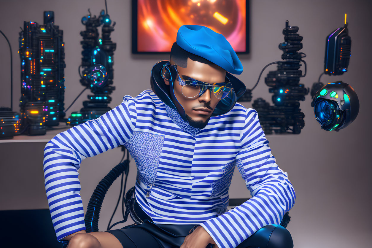 Futuristic setting with stylish person in striped shirt, beret, and reflective glasses