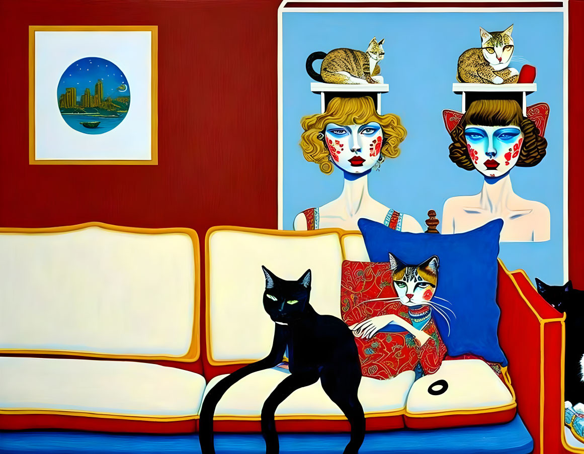 Vibrant artwork with surreal cat-human hybrids on couch and cat paintings on wall