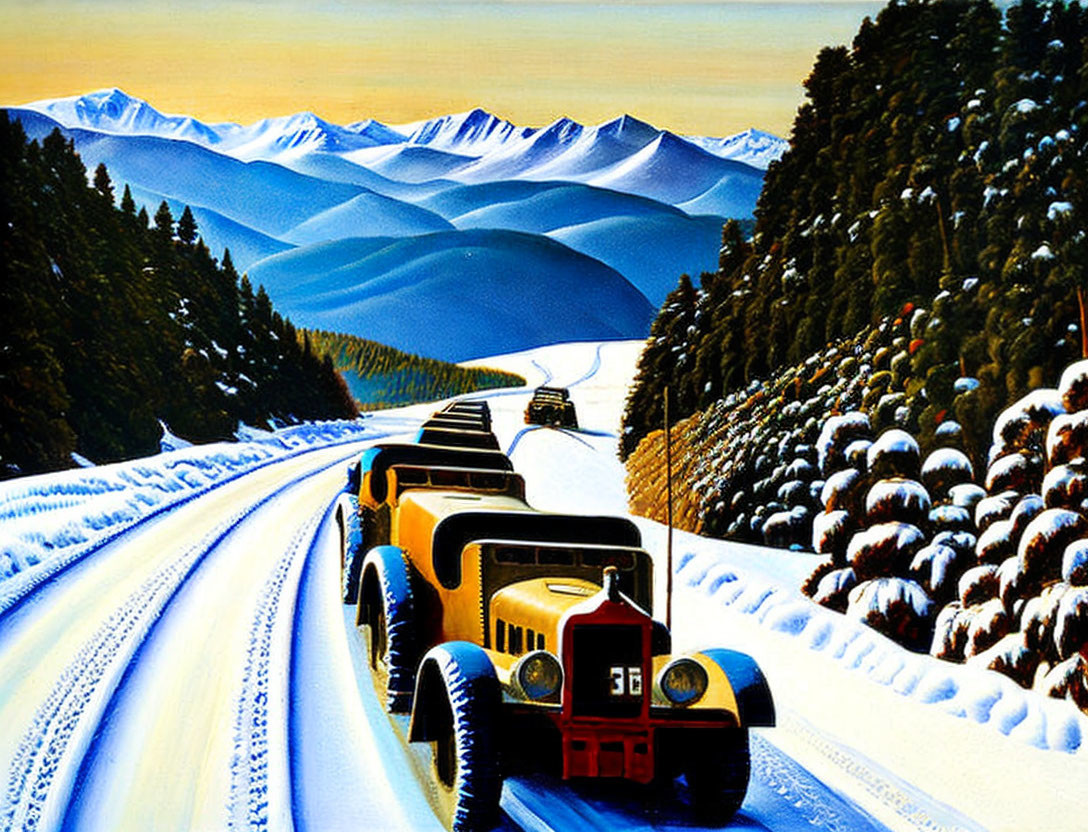 Vintage Yellow and Black Car Driving on Snowy Mountain Road