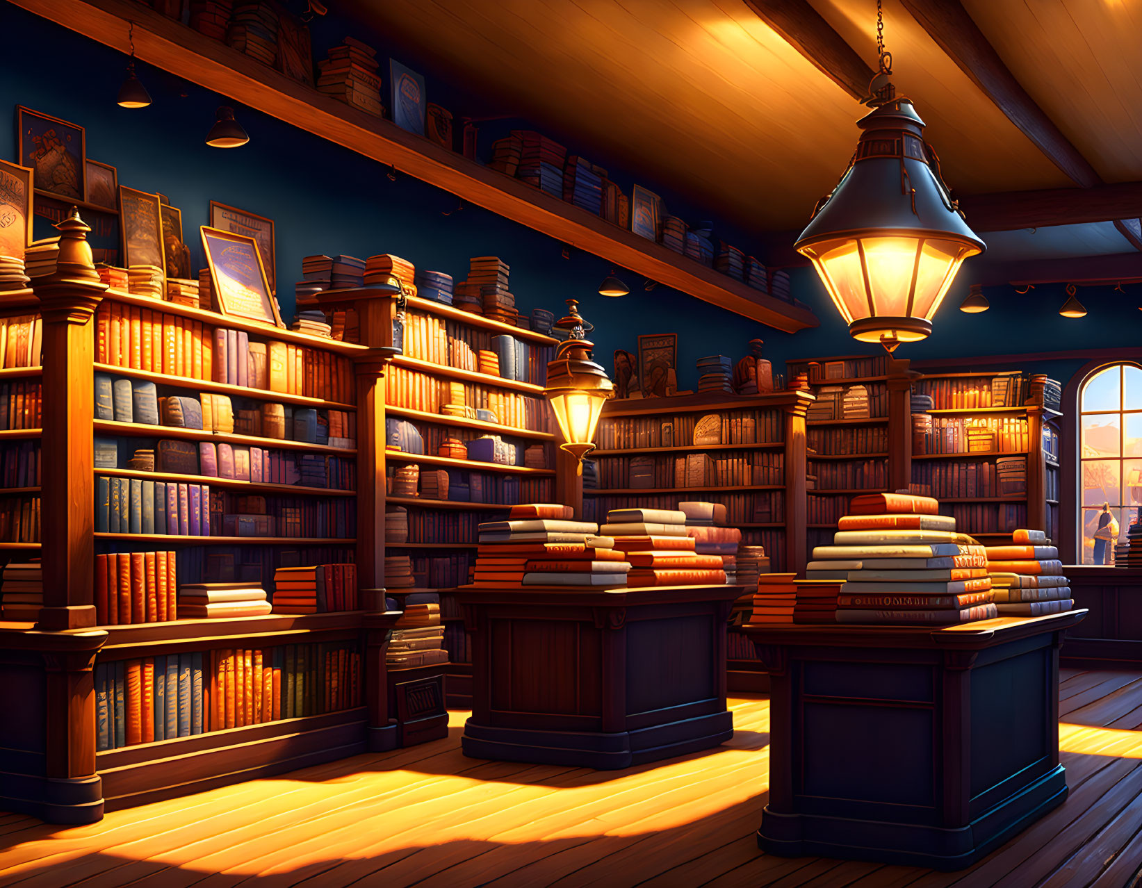 Warmly Lit Wooden Library Interior with Books and Tables