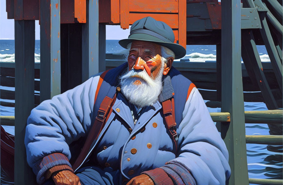 Elderly seaman in blue overalls by the sea