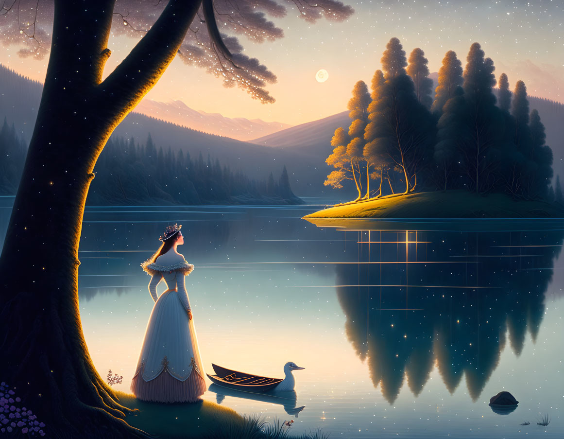 Woman in white dress by lake with canoe, forest, mountain, starry sky