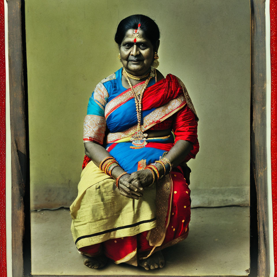 Traditional Indian attire woman with colorful bangles and jewelry smiling against simple backdrop