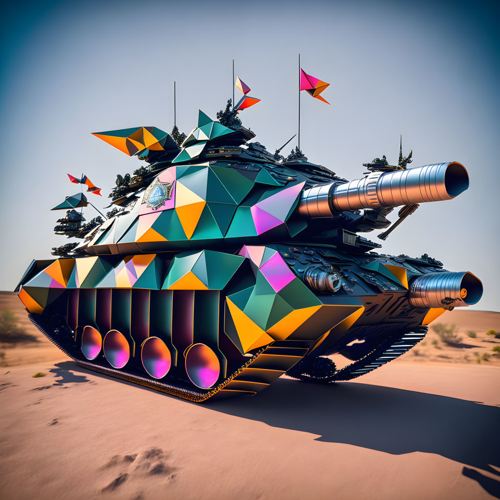 Colorful futuristic tank with geometric patterns and neon accents in desert setting