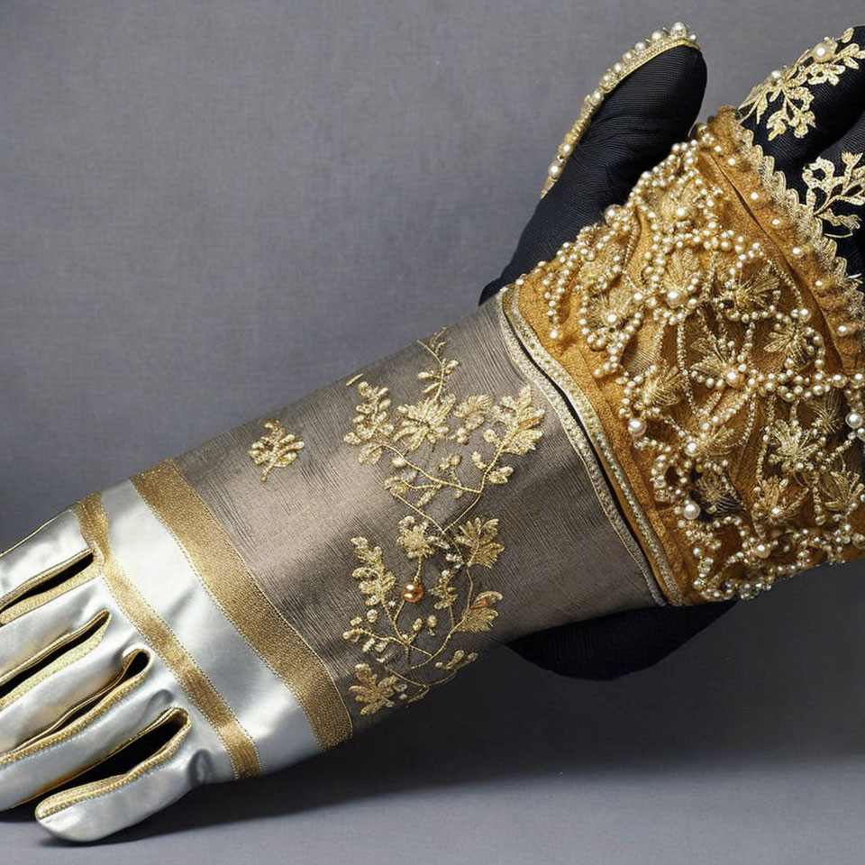 Gold and Beige Beaded Glove with Metallic Embroidery on Grey Background