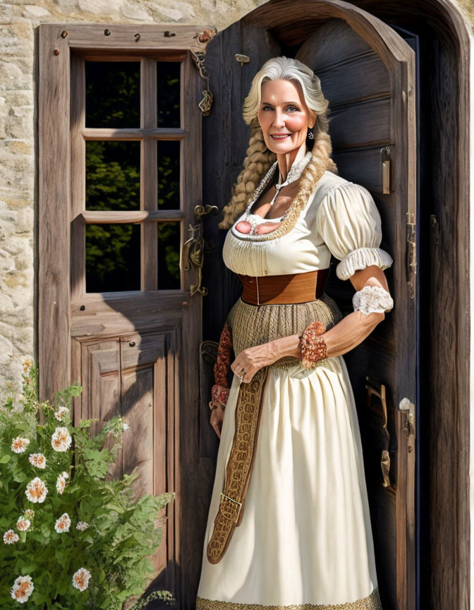 Traditional Bavarian Woman Stands by Wooden Door and Flowers