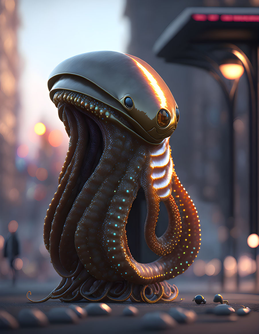 Stylized octopus with golden helmet head on city street at dusk