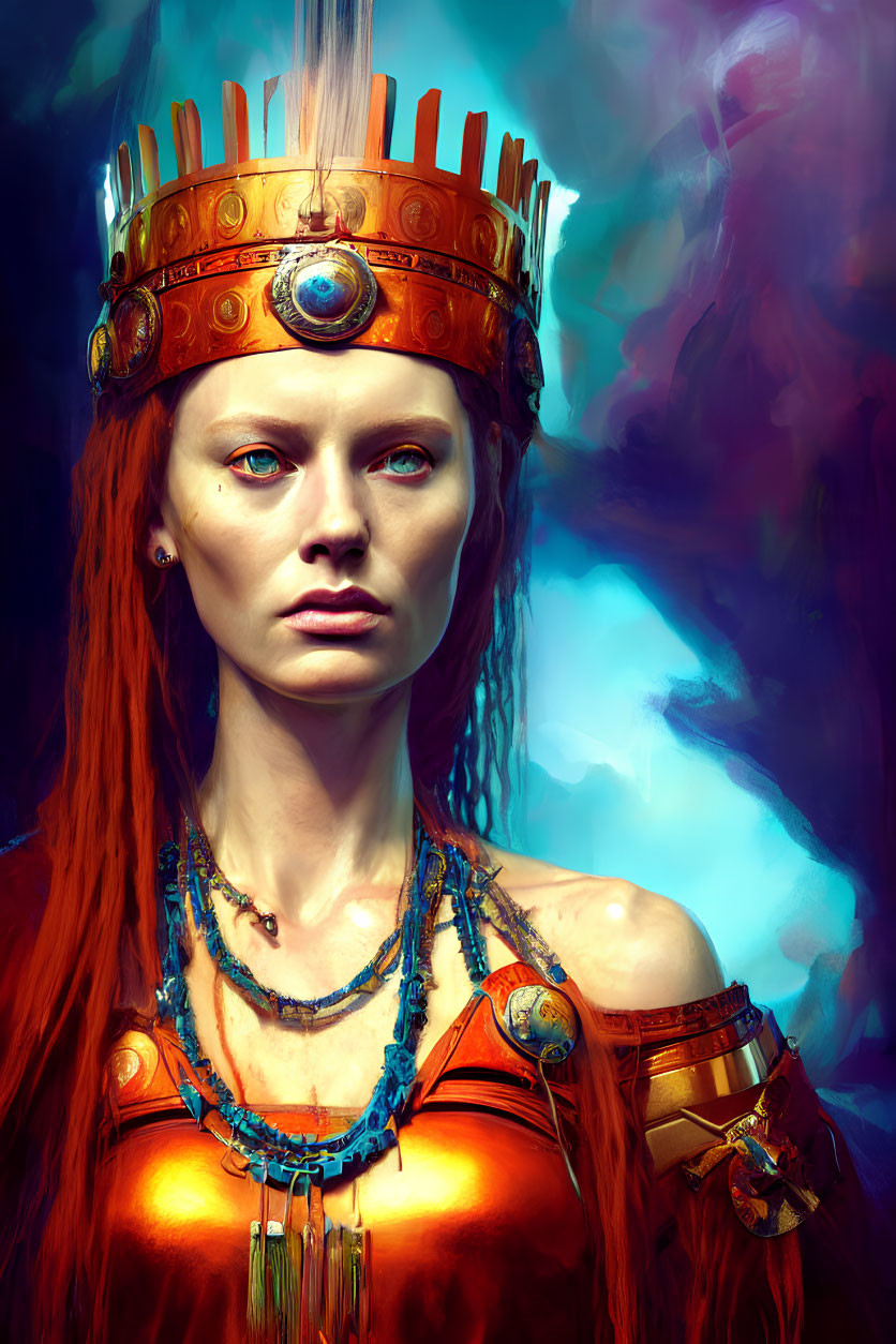 Vibrant digital portrait of woman with red hair and golden crown on blue and red backdrop