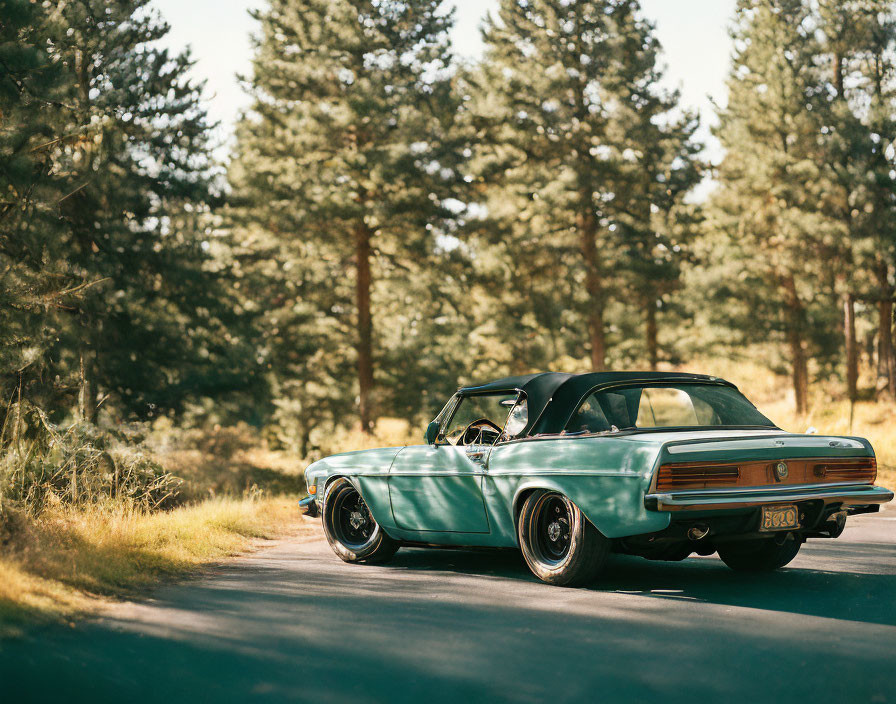 Vintage Teal Convertible Car in Forest Setting