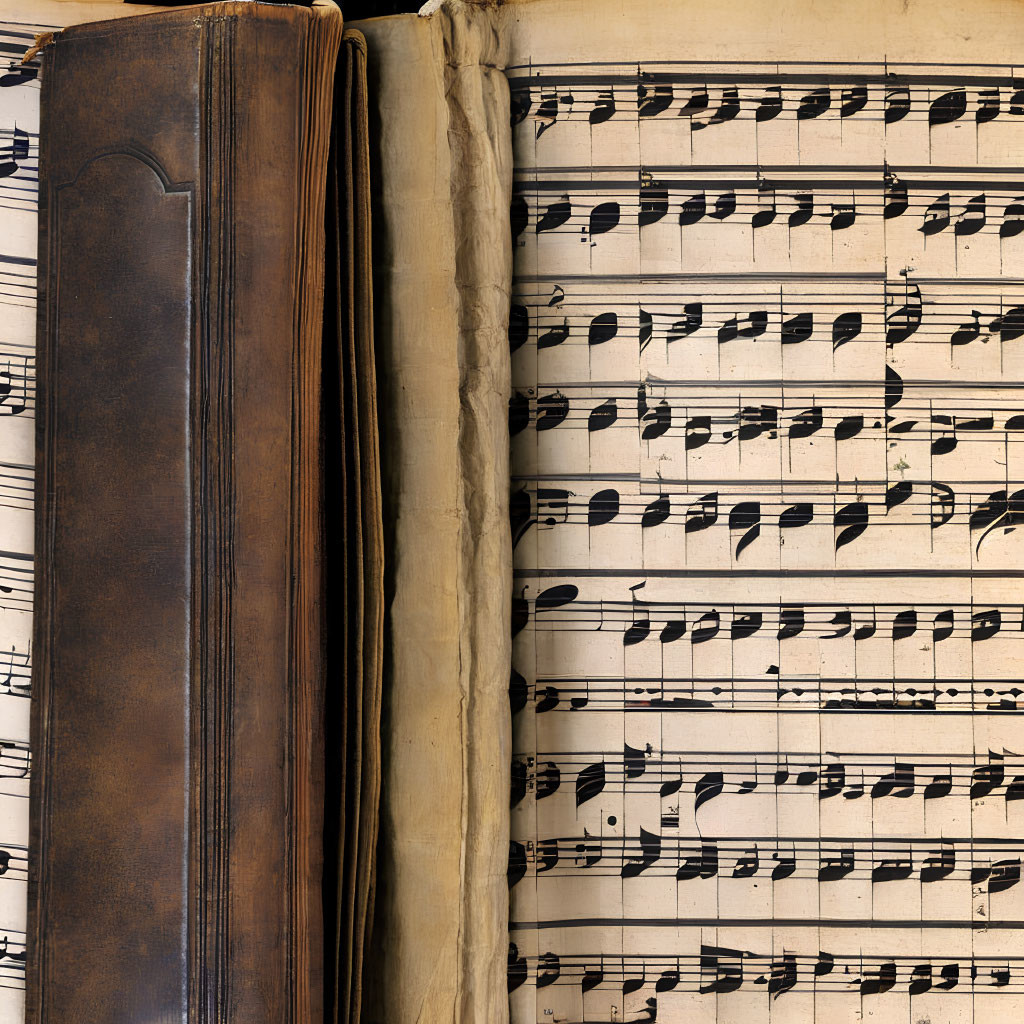 Vintage leather-bound book next to sheet of music with black notes