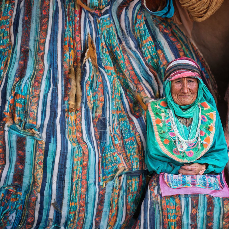 Elderly Woman in Vibrant Green Garment and Headscarf Against Colorful Textile