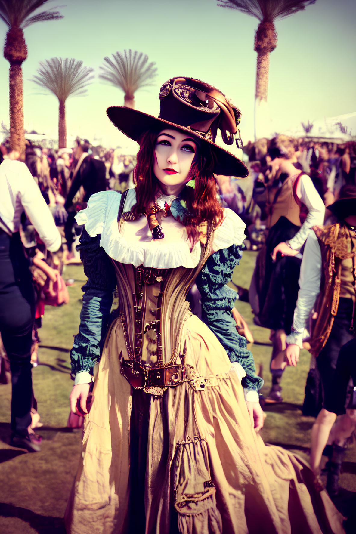 Elaborate steampunk costume with corset and ruffled blouse outdoors