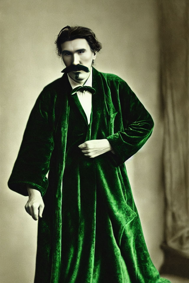Vintage Colorized Photo: Man in Green Velvet Coat with Mustache