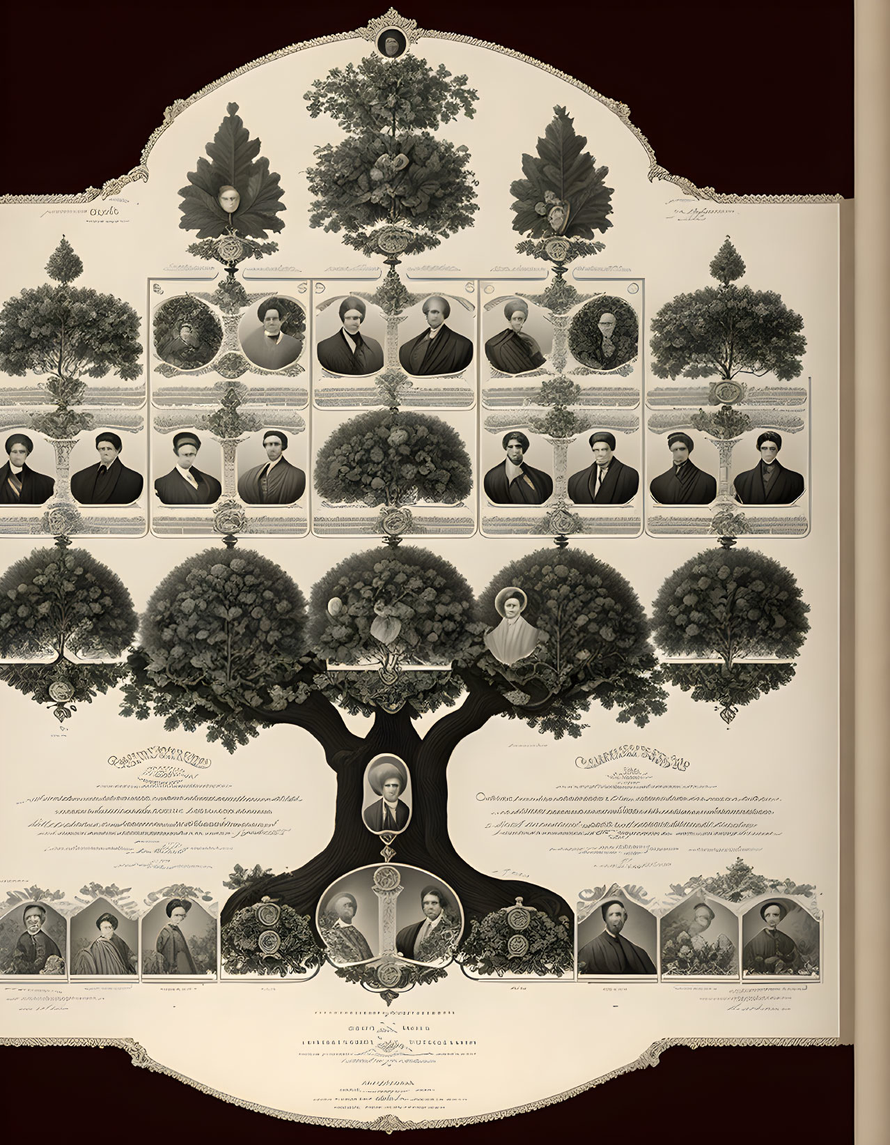 Family Tree Illustration with Portraits and Ornate Victorian Design