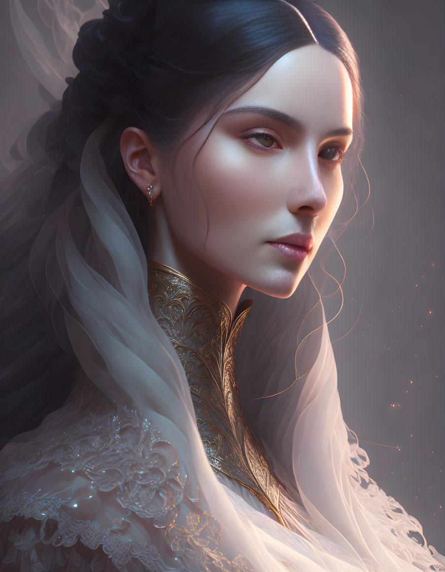 Detailed digital portrait of serene woman in ornate dress