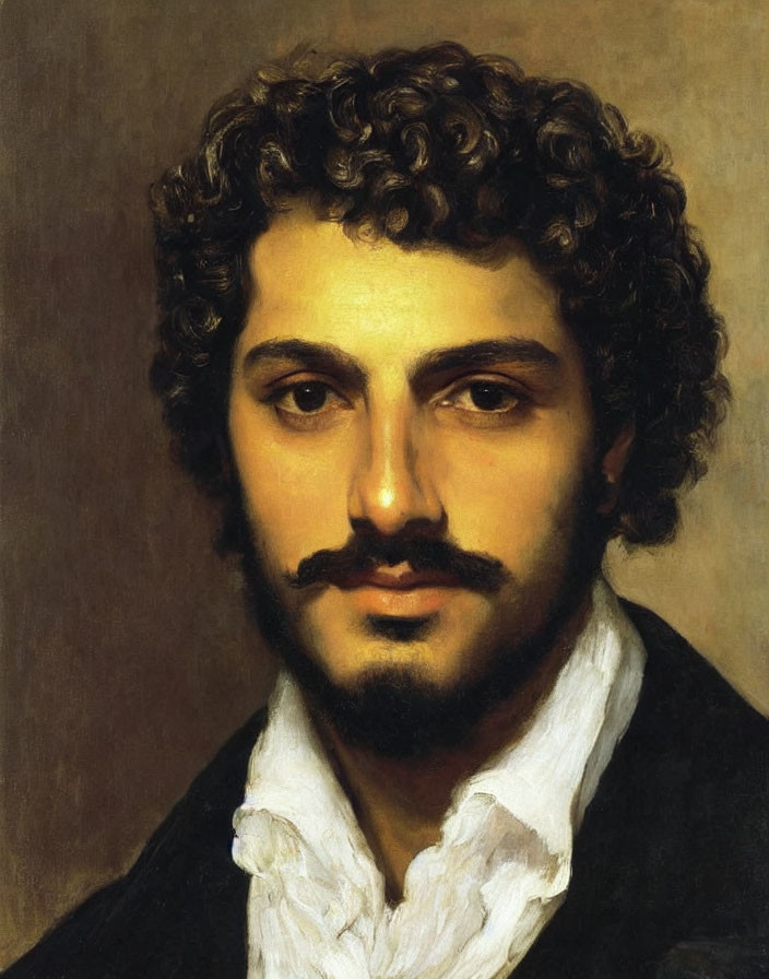 Man with Curly Dark Hair, Mustache, Beard in White Shirt and Black Jacket