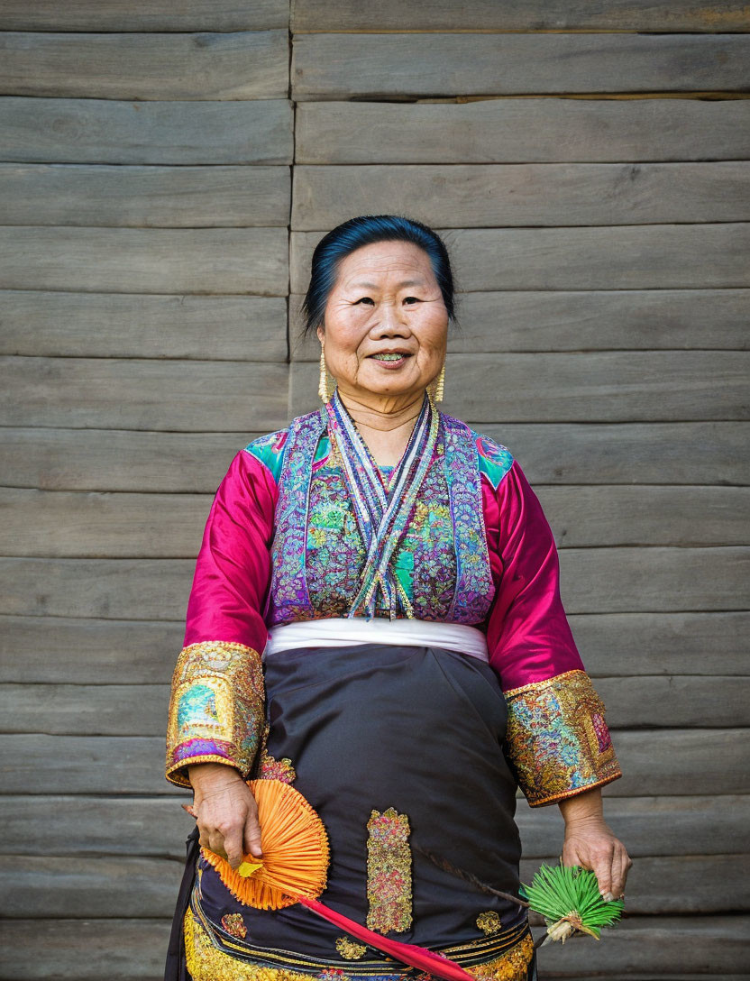 Elderly Woman in Colorful Traditional Attire with Hand Fans