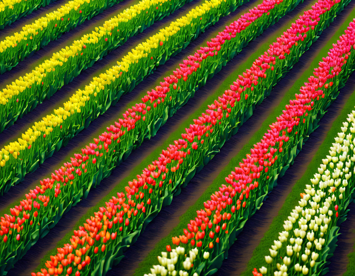 Colorful Tulip Field with Red, Yellow, & White Flowers