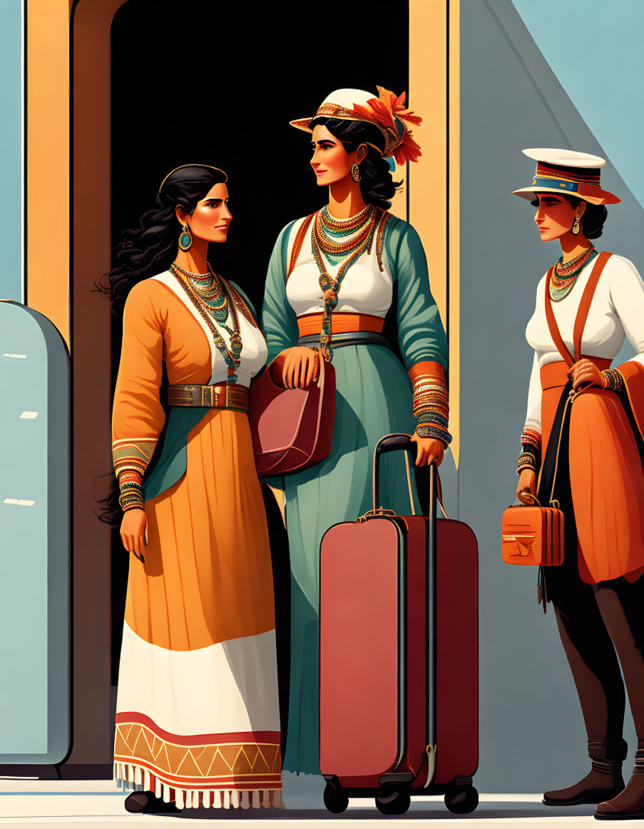 Three women in stylish outfits at train station, chatting with suitcases.