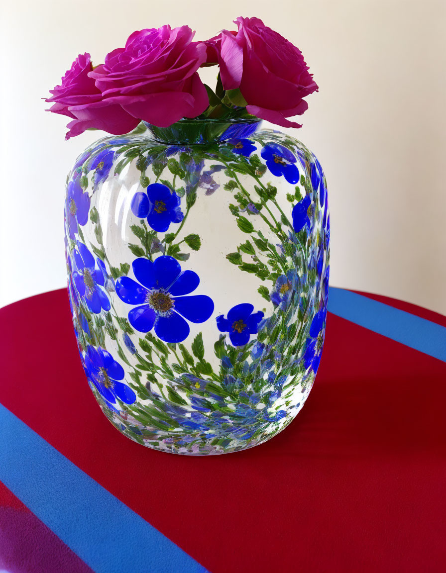 Colorful Vase with Blue Floral Patterns and Pink Roses on Red and Blue Patterned Table