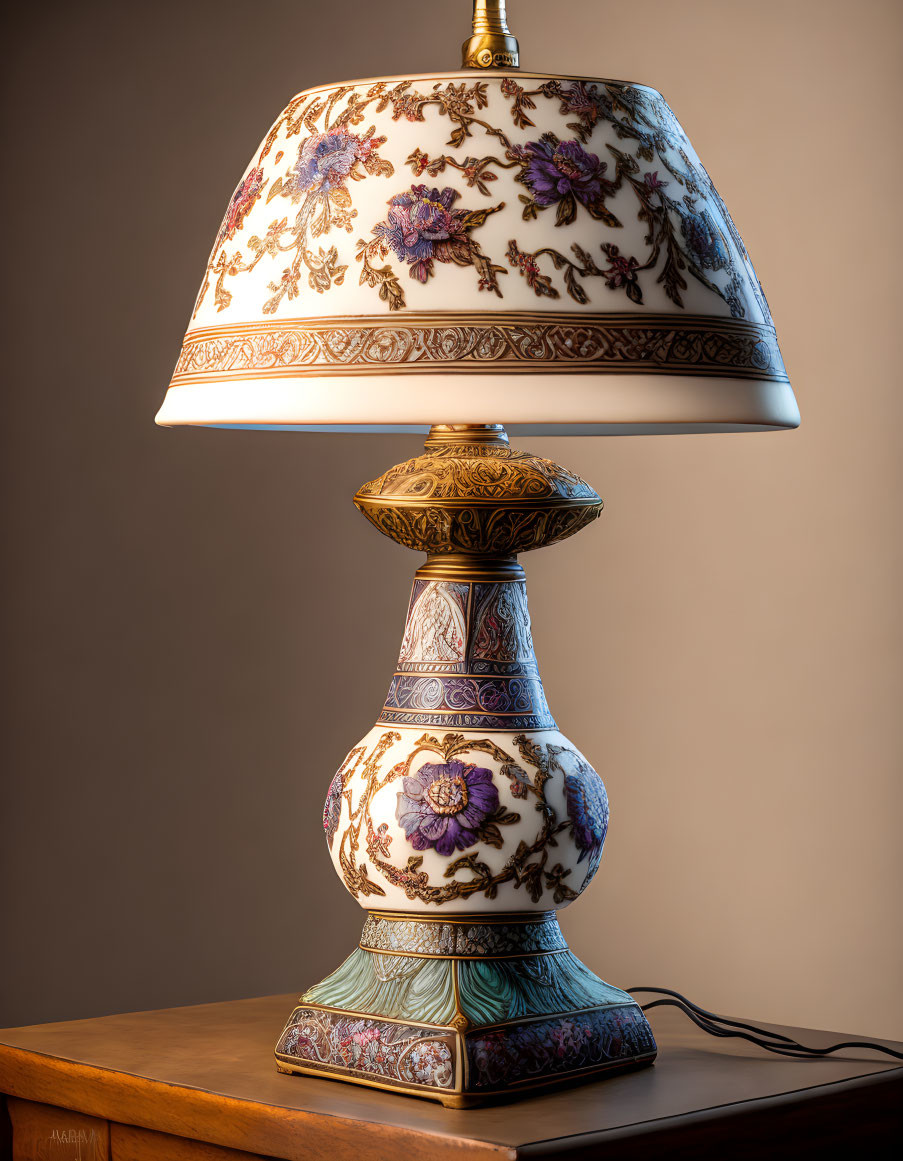 Floral-patterned ceramic table lamp with intricate base design