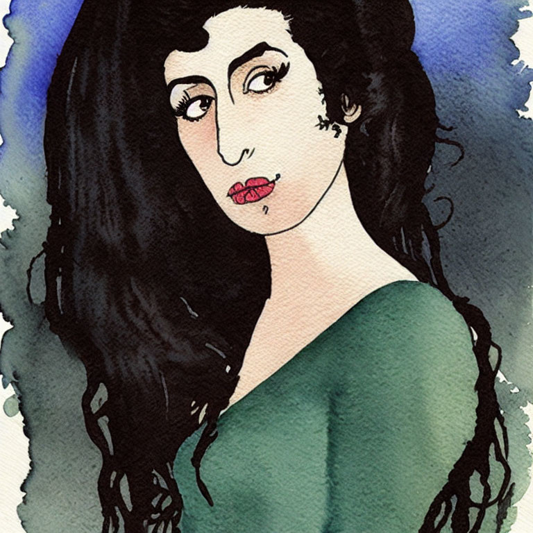 Illustration of woman with black hair, pale skin, red lipstick on blue watercolor background