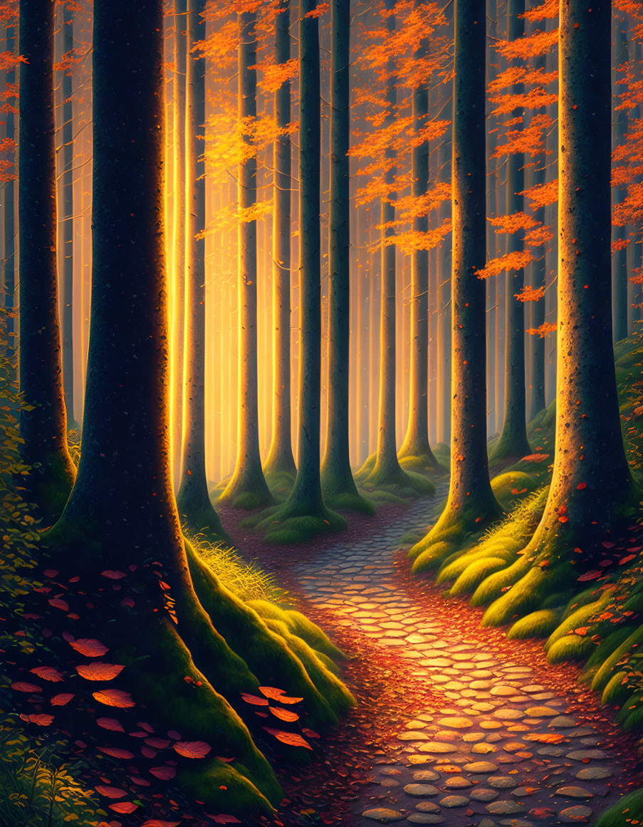 Sunlit forest path with tall trees, green moss, and autumn leaves