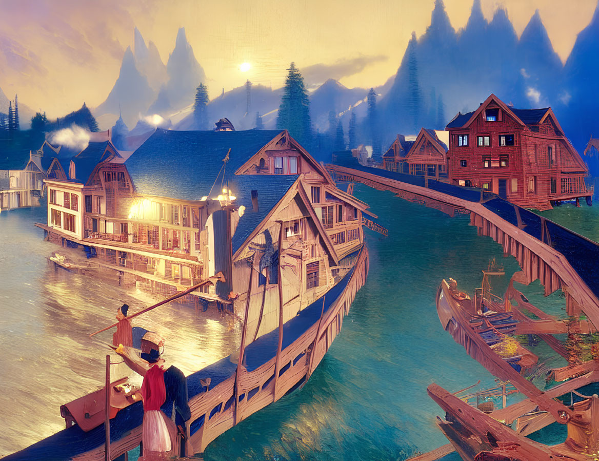 Scenic lakeside village with wooden bridges, houses, and mountains at sunset