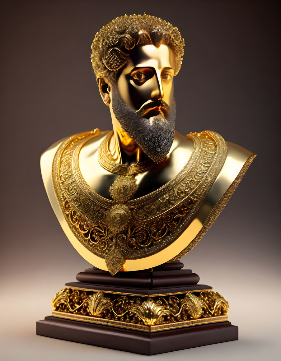 Golden Bearded Man Bust on Wooden Pedestal with Detailed Armor