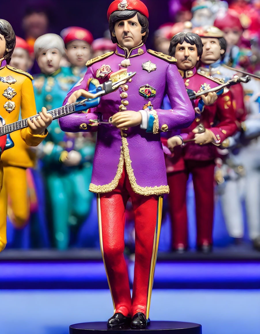 Colorful Military-Style Band Uniform Figurine with Guitar and Background Figures